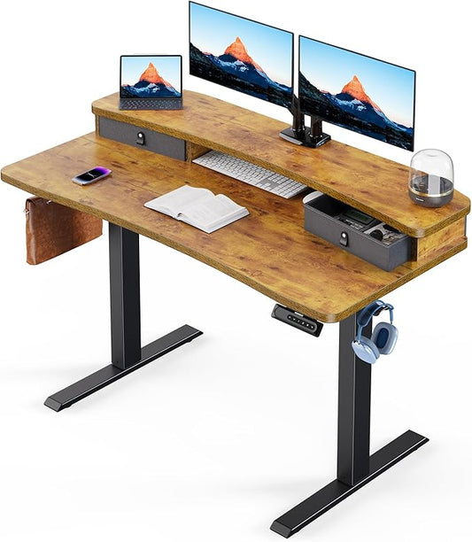 HUANUO 48″ x 24″ Electric Standing Desk with 2 Drawers, C-Clamp Mount Compatible, Height Adjustable Computer Desk, Home Office Stand Up Desk with 4 Preset Heights & 2 Hooks, Vintage Brown