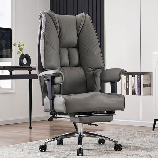 Big and Tall Office Chair 400lbs Wide Seat, Leather High Back Executive Office Chair with Foot Rest, Ergonomic Office Chair Lumbar Support for Lower Back Pain Relief (Grey)