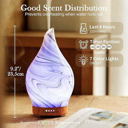 Porseme 100ml Essential Oil Diffuser Glass Color Changing Aroma Air Diffusers Aromatherapy Ultrasonic Cool Mist Humidifier 4 Running Hours Waterless Auto-Off for Sleeping, Yoga, Office, Spa (Ink)