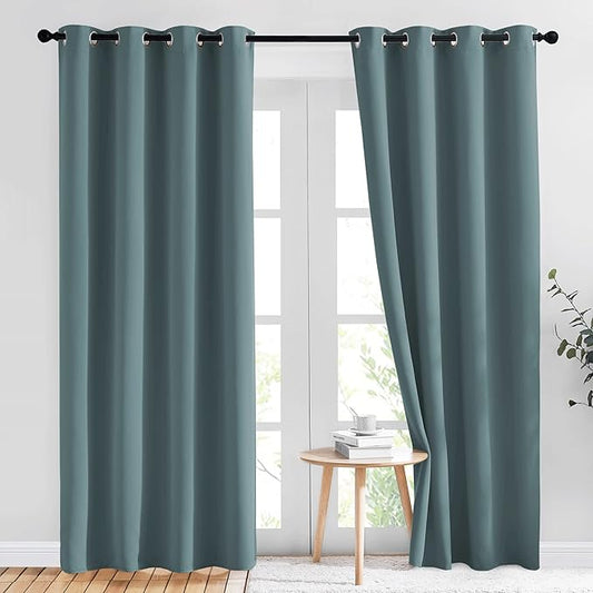 NICETOWN Blackout Greyish Blue Curtains & Drapes for Living Room - Thermal Insulated Solid Grommet Sound Reducing Energy Saving Window Treatments for Porch/Hall, 2 Panels, W52 x L84