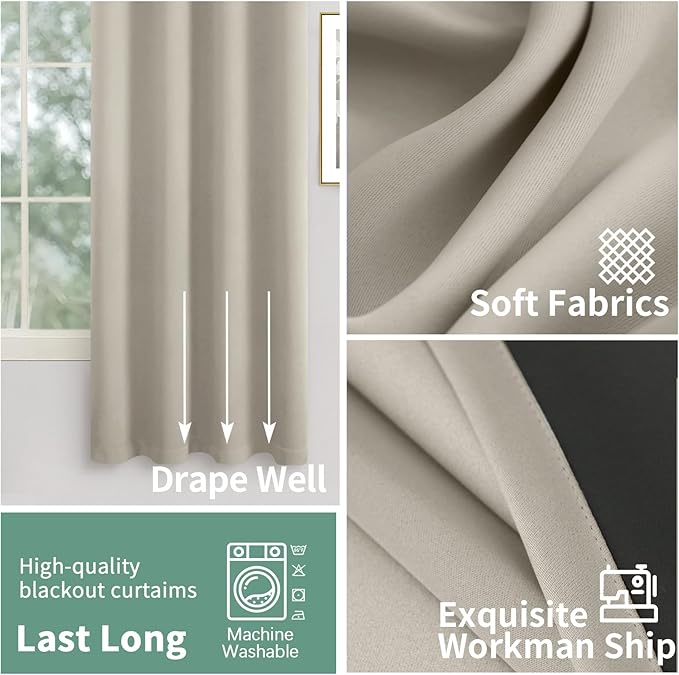 100% Blackout Curtains for Bedroom 2 Panels Set, Thermal Insulated Sun Blocking 72 Inch Length Soundproof Grommet Thick Window Curtains, Each 42 Inch Wide, Cashmere