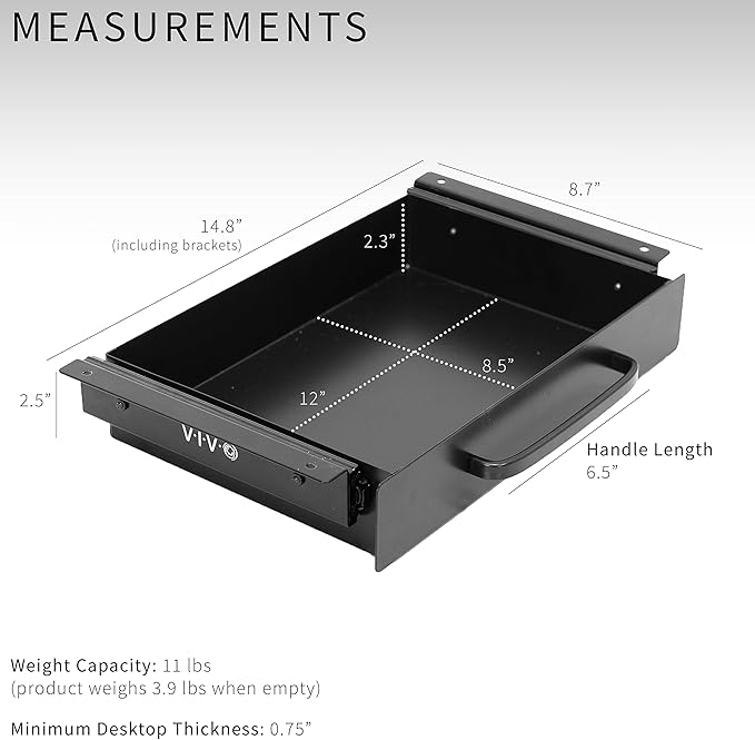 VIVO 13 inch Under Desk Mounted Sliding Pull-out Drawer for Office Desk, Pull Handle, Storage Organizer for Sit Stand Workstation, Black, DESK-DR1H-B