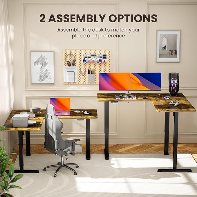 ErGear 63" Dual Motor L Shaped Standing Desk, 28"-46" Electric Height Adjustable, 2 Assembly Options to Fit Room Corner, Suitable for Sitting or Standing Up for Working or Gaming from Home, Vintage