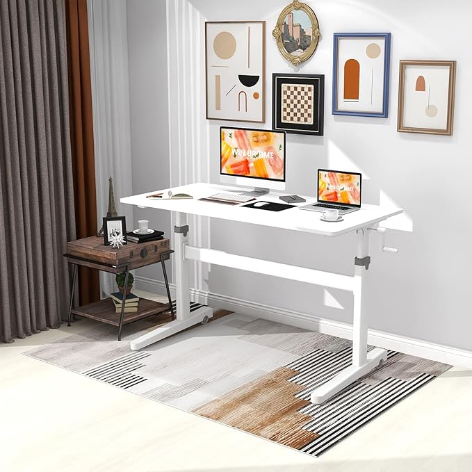 Manual Standing Desk Adjustable Height- Crank Mobile Standing Desk 48 x 24 Inches Sit Stand Desk Frame & Top, Stand Up Desk on Wheels, Computer Desk White Frame & White