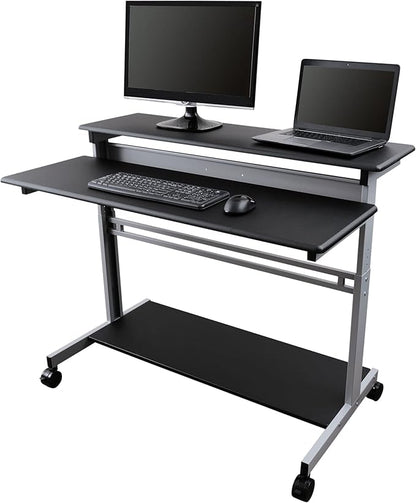 Stand Up Desk Store Rolling Adjustable Height Two Tier Standing Desk Computer Workstation (Silver Frame/Black Top, 48" Wide)