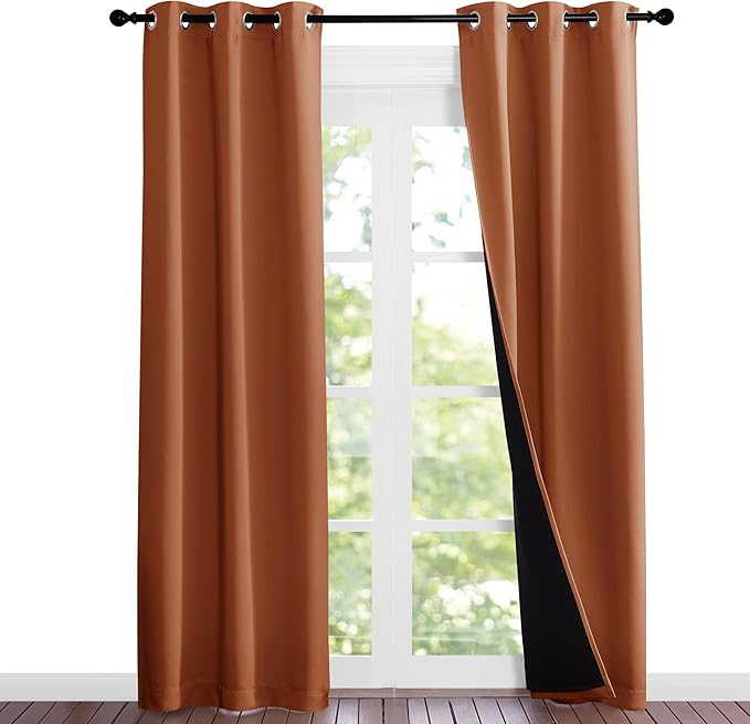 NICETOWN Burnt Orange Blackout Curtains 84 inches Long, Full Light Blocking Drapes with Black Liner for Nursery, Noise Reducing Thermal Insulated Draperies for Doorway (2 Pieces, 37" Wide Each Panel)