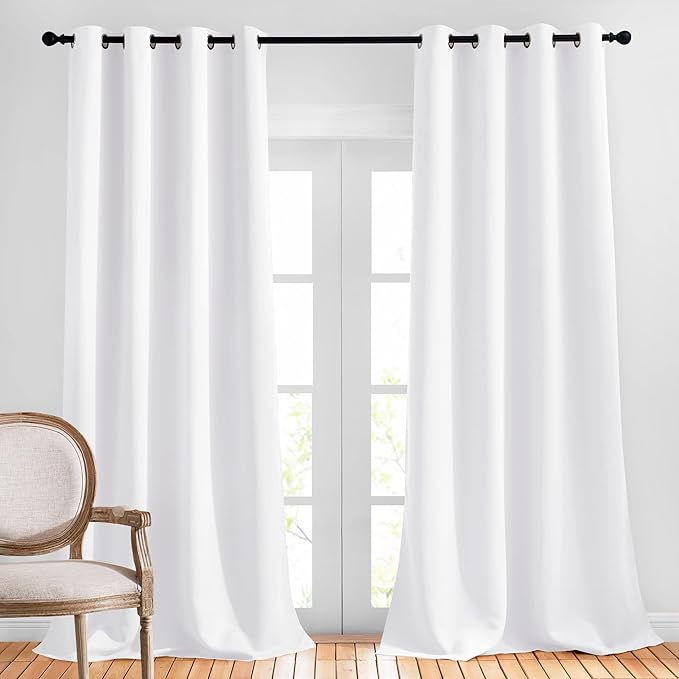 NICETOWN Long White Curtains for Patio - (52 inches Wide x 108 inches Long, White, 2 Panels) Home Decoration Grommet Top Drapes, White Bedroom Panels