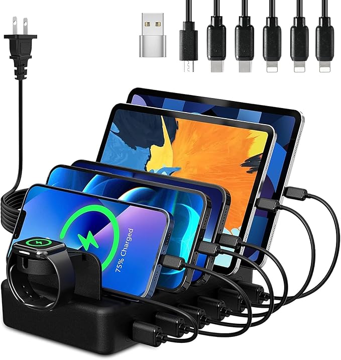 Charging Station for Multiple Devices, CREATIVE DESIGN 50W 6 Ports USB Charger Station with Apple Watch Holder & 6 Cables, Charging Dock for iPad Cellphone Kindle Tablet and Other Electronic (Black)