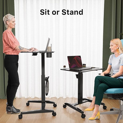 Mobile Standing Desk, Height Adjustable Rolling Laptop Desk with Cup Holder, 27 inches Portable Sit Stand Desk with Wheels and Hook, Pneumatic Computer Table, Black