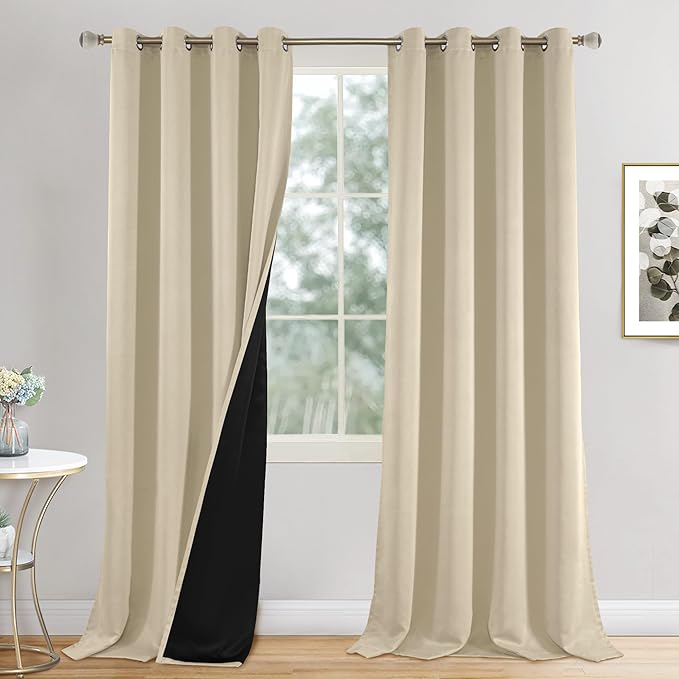 Beige Blackout Curtains 90 Inch Length for Living Room, 100% Room Darkening Curtains 2 Panels Light Blocking Thermal Insulated Soundproof Grommet Thick Window Curtains, Each 52 Inch Wide