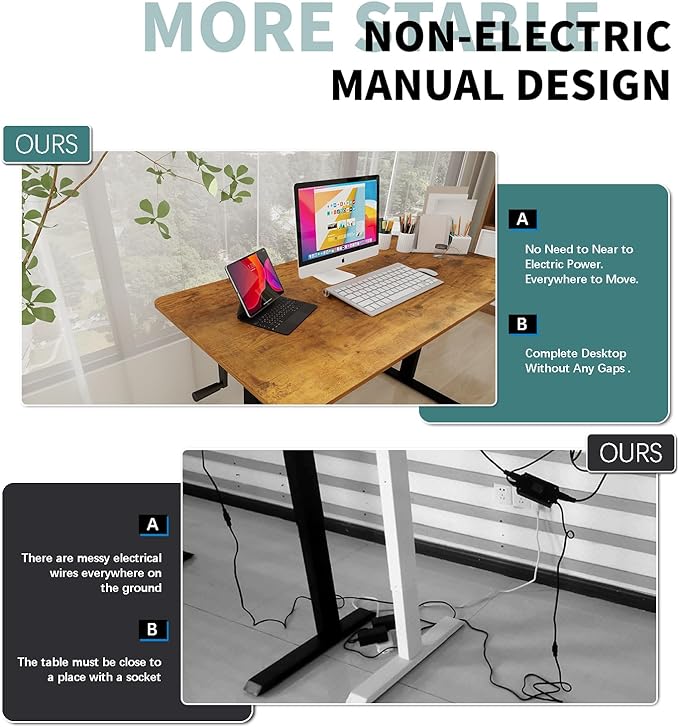 Whole Piece Desktop Manual Standing Desk Adjustable Height- Crank Stand Up Desk, Sit Stand Desk with Frame Computer Desk