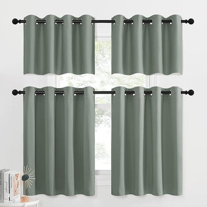 NICETOWN Window Valances and Tiers for Living Room, Country Room Darkening Short Curtains for Kitchen Grommet Rustic Window Cover for Bathroom/Laundry Room, 2 Pieces, 52" W x 36" L, Greyish Green