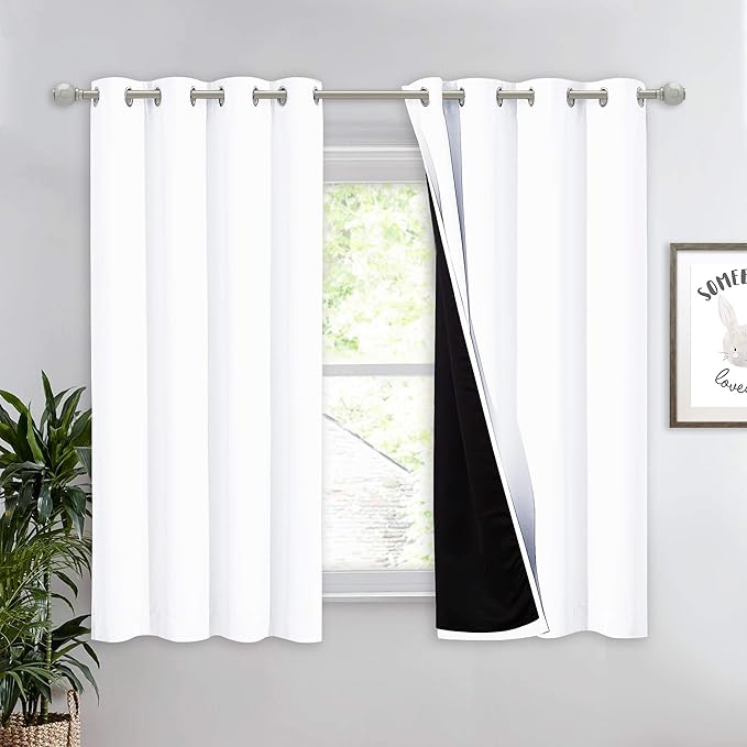 NICETOWN 100% Blackout Curtain 54 inches Long, Double-Deck Completely Blackout Window Treatment Thermal Insulated Lined Drape for Small Window (White, 1 PC, 52 inches Width Each Panel)