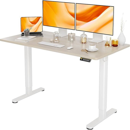 Electric Standing Desk, Adjustable Height Stand up Desk, 55x24 Inches Sit Stand Home Office Desk with Splice Board, White Frame/Nature Top