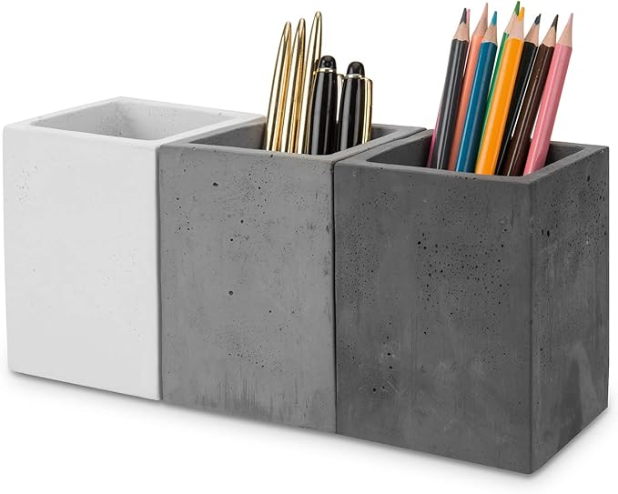 MyGift Modern Gray-Tone Concrete Desktop Pencil Holder Cup and Pen Holder, Office Stationery Organizer, Set of 3