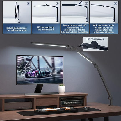 LED Desk Lamp with Clamp, 16W Desk Light for Home Office, Stepless Dimming and Adjustable Color Temperature,Office Lamp with Memory and Timer Function for Study, Work, Home, Office