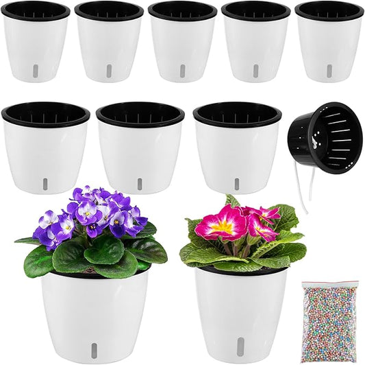 8 Packs White Self Watering Pots for Indoor Plants with Water Indicator and Black Wick Pots, 5/6.7 Inch African Violet Pots, Self Watering Planters for Devil's Ivy, Indoor Plant Pots for Orchid