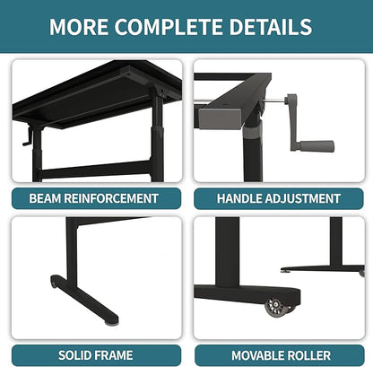 Manual Standing Desk Adjustable Height- Crank Mobile Standing Desk 55 x 24 Inches Sit Stand Desk Frame & Top, Stand Up Desk on Wheels, Computer Desk Black Frame & Black