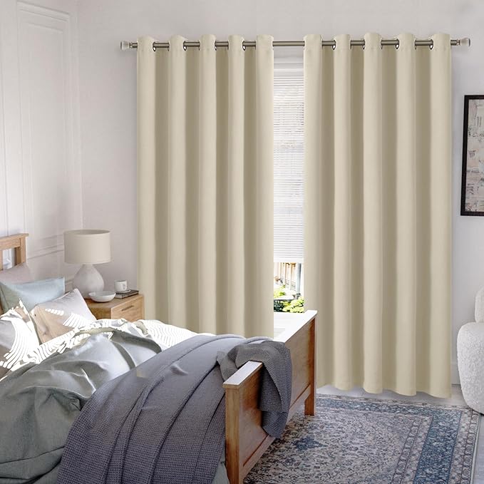 Extra Wide 100% Blackout Curtains 84 Inch Length 2 Panels for Living Room, Thermal Insulated Total Light Blocking Soundproof Floor Length Curtains for Bedroom Window, Each 60 Inch Wide, Beige