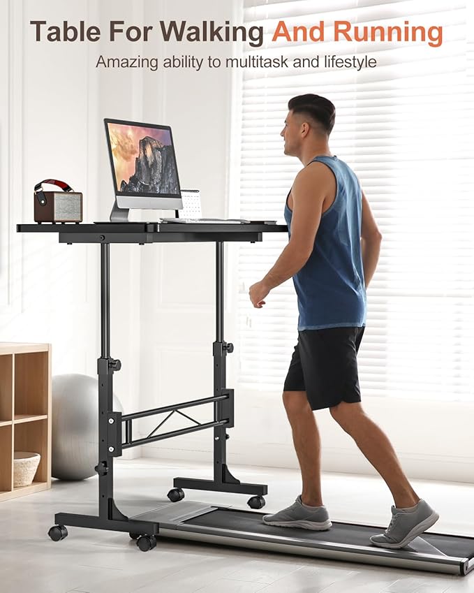 Small Standing Desk Adjustable Height, Mobile Stand Up Desk with Wheels, 32 Inch Portable Rolling Desk Small Computer Desk (Wood Grain Black)