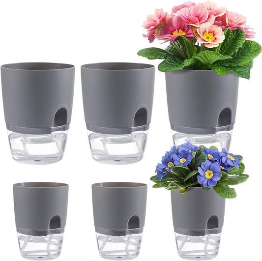 6 pcs Self Watering Plant Pots - 4.1/3.2 in Plastic Planter with Drainage Holes, Flower Pots for African Violet, Mini Indoor Plants, Succulents, Herbs, Cactus, Basil, Grey