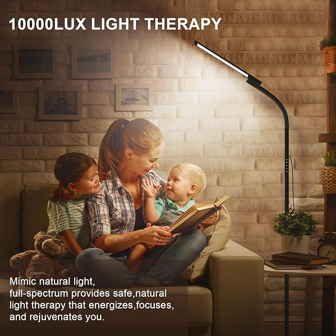 Light Therapy Lamp,10000 Lux Floor Sun Therapy Lamp with Remote & Touch Control & Adjustable Gooseneck Happy Lamp for Office/Home/Apartment (Black)