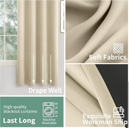 Extra Wide 100% Blackout Curtains for Bedroom 63 Inch Length 2 Panels Set, Thermal Insulated Full Light Blocking Soundproof Grommet Window Curtains for Living Room, Each 60 Inch Wide, Beige