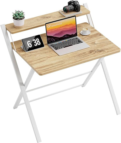 GreenForest Folding Desk No Assembly Required Small Size, 2-Tier Foldable Computer Desk with Shelf for Home Office, Space Saving Portable Laptop Study Foldable Table for Small Spaces, Oak