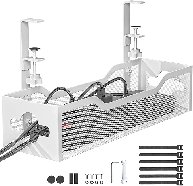 Litwaro Under Desk Cable Management Tray White, Cable Management Under Desk No Drill, Desk Cable Organizer with Clamp for Desk Cord Organizer, Desk Wire Management for Office, Home No Damage to Desk