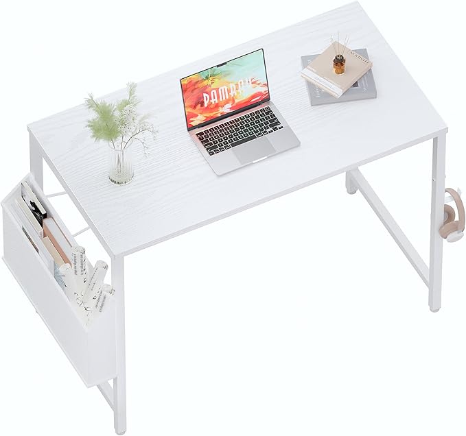 Pamray 32 Inch Computer Desk Small Spaces Desk with Storage Bag for Bedroom Writing and Home Office Work Small Study Desk Table White