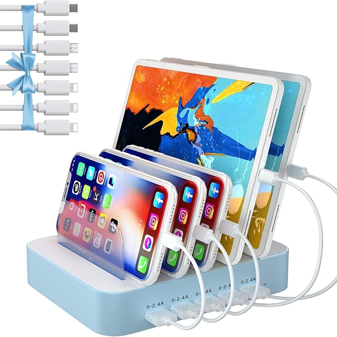 Charging Station for Multiple Devices, 5 Port USB-A Charging Station with 7 Short Mixed Cables, Designed for iPhone iPad Cell Phone Tablets and Other Electronics, Blue