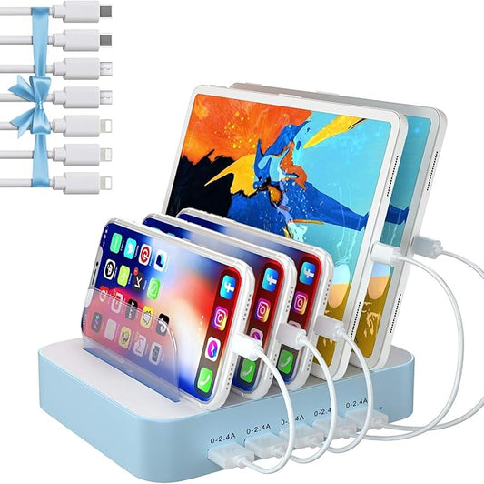 Charging Station for Multiple Devices, 5 Port USB-A Charging Station with 7 Short Mixed Cables, Designed for iPhone iPad Cell Phone Tablets and Other Electronics, Blue