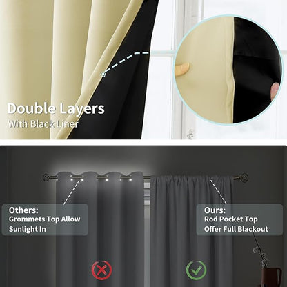 BGment 100% Blackout Curtains for Bedroom with Black Liner, Double Layer Thermal Insulated Full Room Darkening Noise Canceling Rod Pocket Bedroom Curtain (42 x 63 Inch, Cream, 2 Panels)