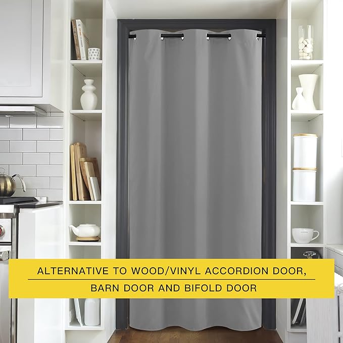 NICETOWN Faux Folding Accordion Doors, Front Door Curtains, Privacy Blackout Cloth Fabric, Living Room Bedroom Divider/Sliding Patio Decor Decoration (1 PCs, 9ft Tall x 5ft Wide, Silver Grey)