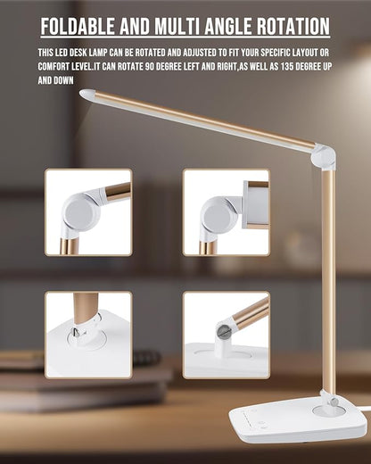 Lichamp Dimmable LED Desk Lamp with USB Charging Port, Touch Control Foldable Gooseneck Free Rotation Adjustable Eye Care Table Lamp, Bedside Reading Light with UL AC Adapter (Gold)