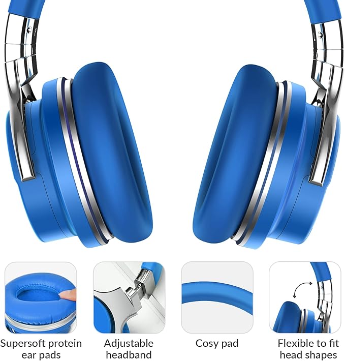 Silensys E7 Active Noise Cancelling Headphones Bluetooth Headphones with Microphone Deep Bass Wireless Headphones Over Ear, Comfortable Protein Earpads, 30 Hours Playtime for Travel/Work, Blue