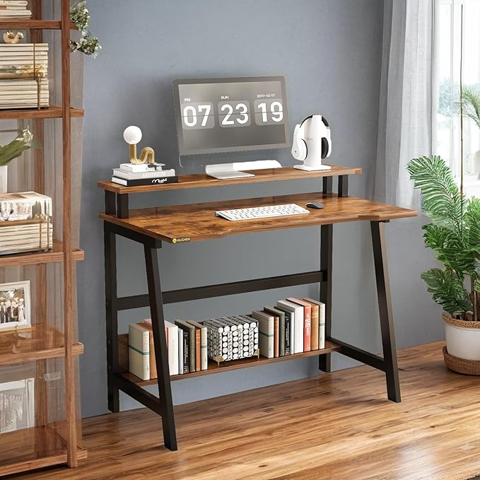 31.5 Inch Small Desk, Small Computer Desk for Small Spaces, Modern Writing Table with Monitor Storage Shelf, Compact Laptop Desk for Home Office and Study, Brown