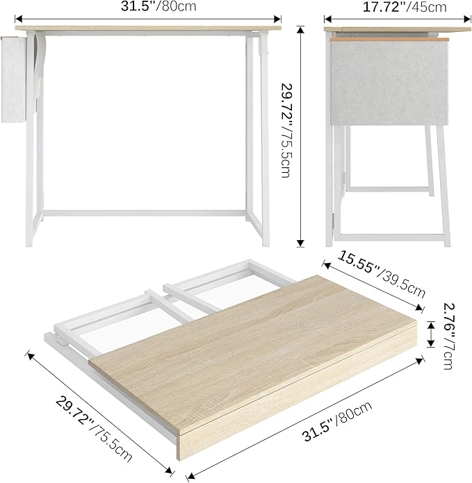 4NM 31.5" Small Desk with Storage Bag, Simple Assembly Folding Computer Desk Home Office Desk Study Writing Table for Small Space Offices - Natural and White