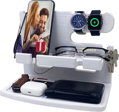 Gifts for Women Girlfriend Him Men Dad Husband Boyfriend Nightstand Organizer Wood Phone Docking Station Gift Ideas for Mother's Day,Father's Day, Christmas, and Valentine's Day(White)