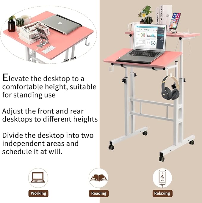 SIDUCAL Mobile Stand Up Desk, Adjustable Laptop Desk with Wheels, Home Office Workstation with USB Ports and Outlets,