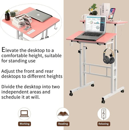 SIDUCAL Mobile Stand Up Desk, Adjustable Laptop Desk with Wheels, Home Office Workstation with USB Ports and Outlets,