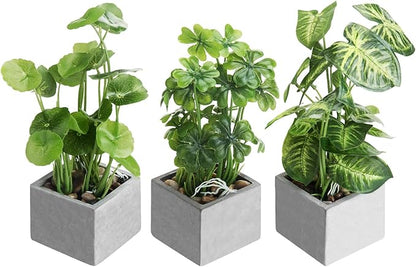 MyGift Artificial Assorted Plants Faux Tabletop Greenery in Gray Cement Square Pots, Set of 3