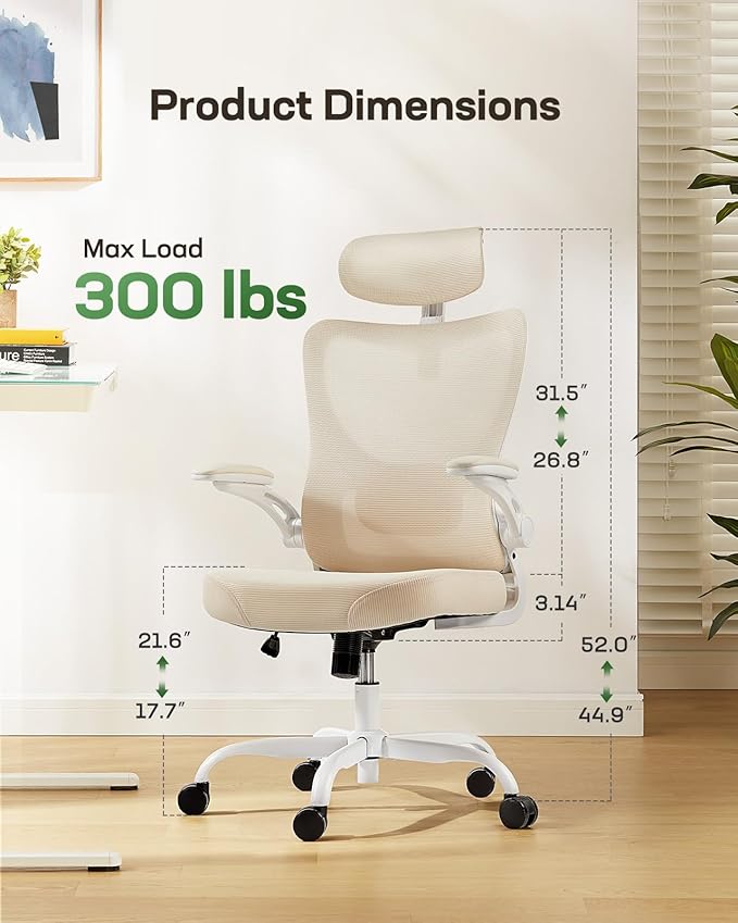 Marsail Ergonomic Office Chair: Office Computer Desk Chair with High Back Mesh and Adjustable Lumbar Support Rolling Work Swivel Task Chairs with Wheel 3D Armrests and Headrest (White)