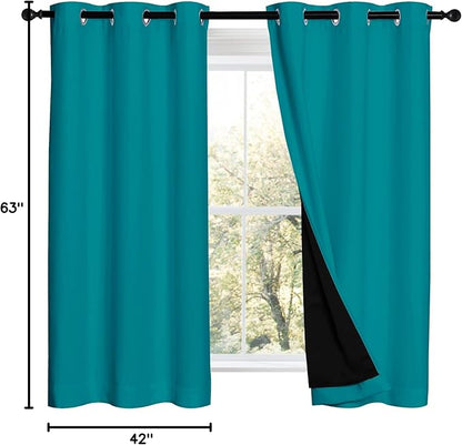 NICETOWN Peacock Teal 100% Blackout Lined Curtains, 2 Thick Layers Completely Blackout Window Treatment Panels Thermal Insulated Drapes for Kitchen (1 Pair, 42" Width x 63" Length Each Panel)