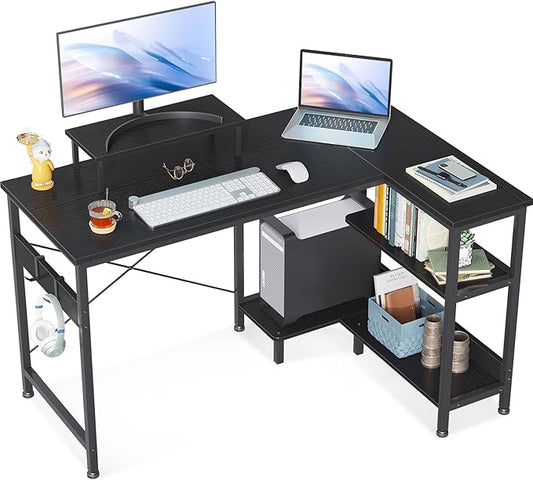 ODK 47 Inch Small L Shaped Computer Desk with Reversible Storage Shelves, L-Shaped Corner Desk with Monitor Stand for Small Space, Modern Simple Writing Study Table for Home Office Workstation, Black