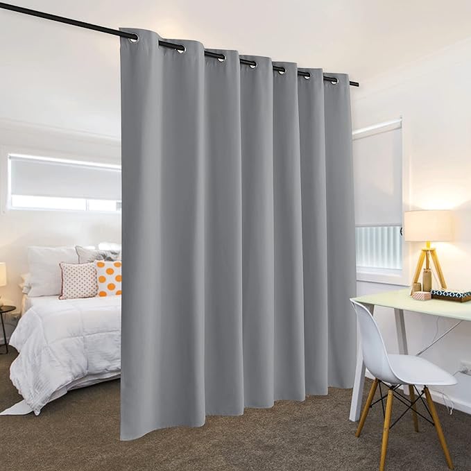 RYB HOME Privacy Curtain for Sliding Glass Door, Light Block Noise Reduce Insulated Curtain Screen Ceiling to Floor for Locker Room Basement Bedroom Closet, 100 inch Wide x 90 inch Long, Light Grey