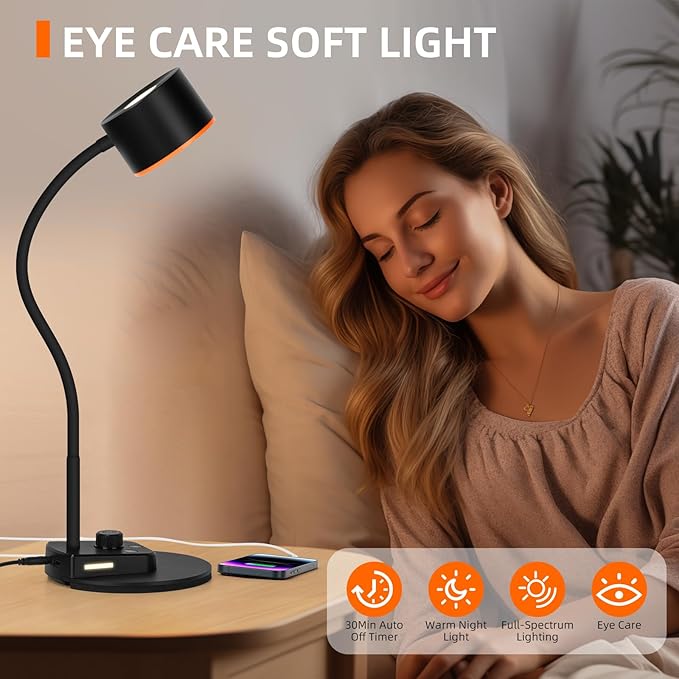 Desk Lamp, LED Desk Lamp with USB C + A Charging Ports, 5 Colors Fully Dimmable Eye Care Reading Lamp for Bedside Table Full Metal Efficient Gooseneck Table Lamp for Home Office Black