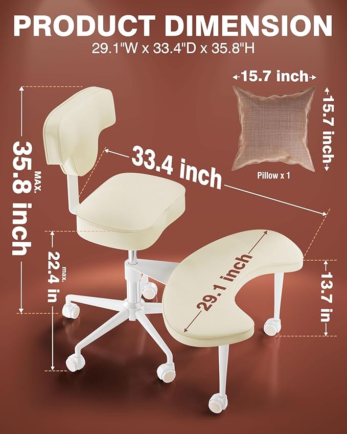 PYY Ergonomic Meditation Chair - Crossed Legged Office Chair with Lumbar Support, ADHD Chairs for Adults, Adjustable Height, Squatting Kneeling Chair Fidget Chair with Wheels for Home & Office, White