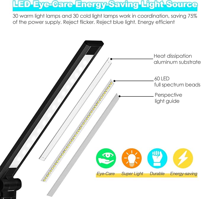 LED Desk Lamp with Wireless Charger, USB Charging Port, 10 Brightness, 5 Color Modes, Desk Lamps for Home Office, Dimmable Table Lamp Eye Caring Reading Light, Touch Control, Auto Timer, Black