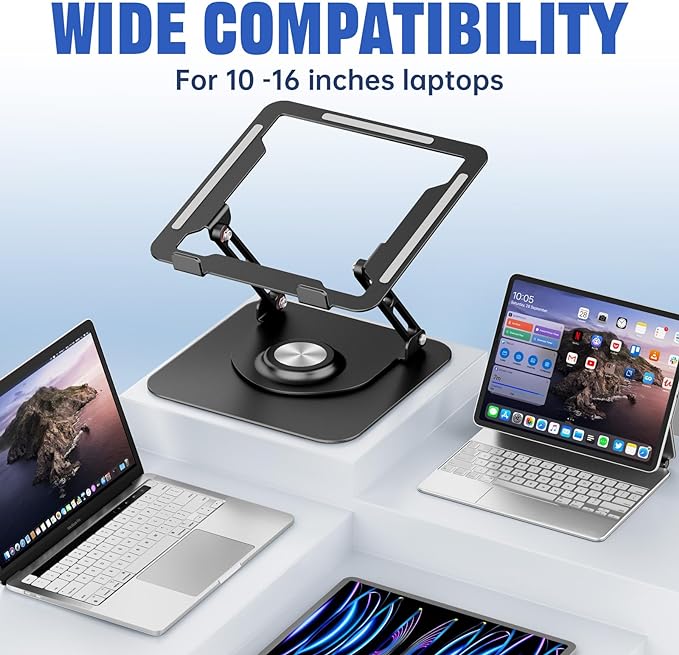 Laptop Stand for Desk, Adjustable Computer Stand with 360° Rotating Base, Ergonomic Laptop Riser for Collaborative Work, Foldable & Portable Laptop Stand, fits for All 10-16" Laptops